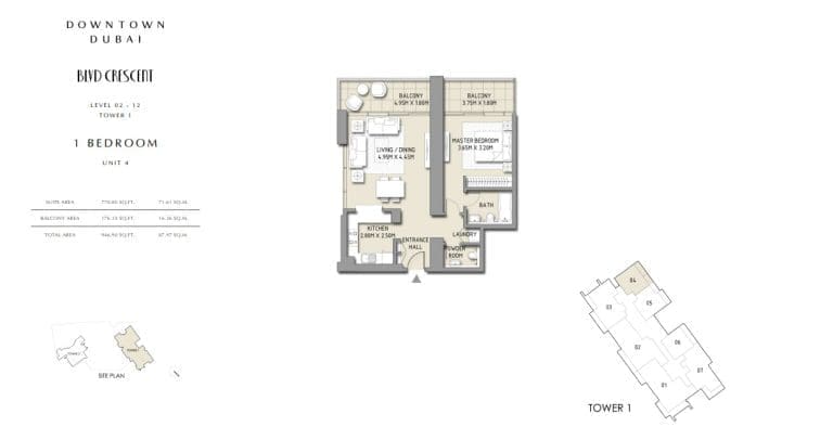 Boulevard Crescent Tower 1 – 1 Bedroom Apartment Unit 4 Floor Plans