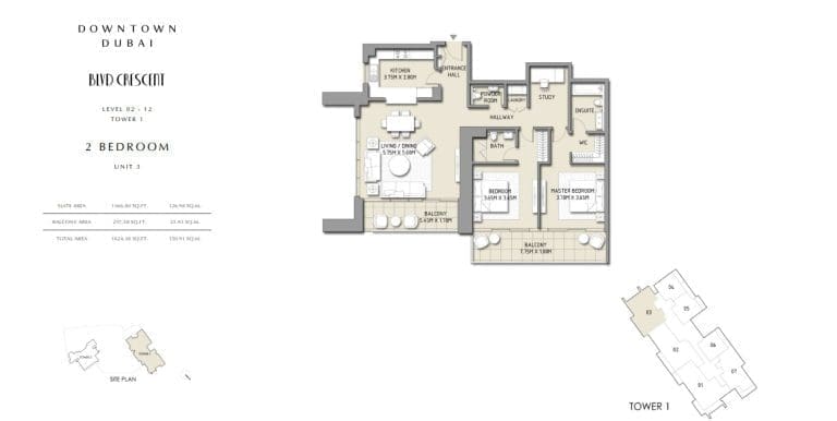Boulevard Crescent Tower 1 – 2 Bedroom Apartment Unit 3 Floor Plans