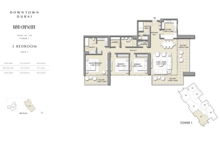 Boulevard Crescent Tower 1 – 3 Bedroom Apartment Unit 1 Floor Plans
