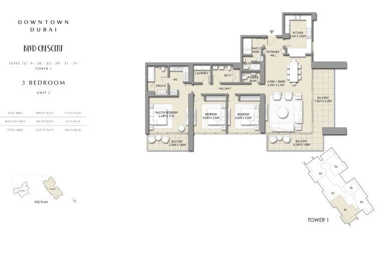 Boulevard Crescent Tower 1 – 3 Bedroom Apartment Unit 1-1 Floor Plans