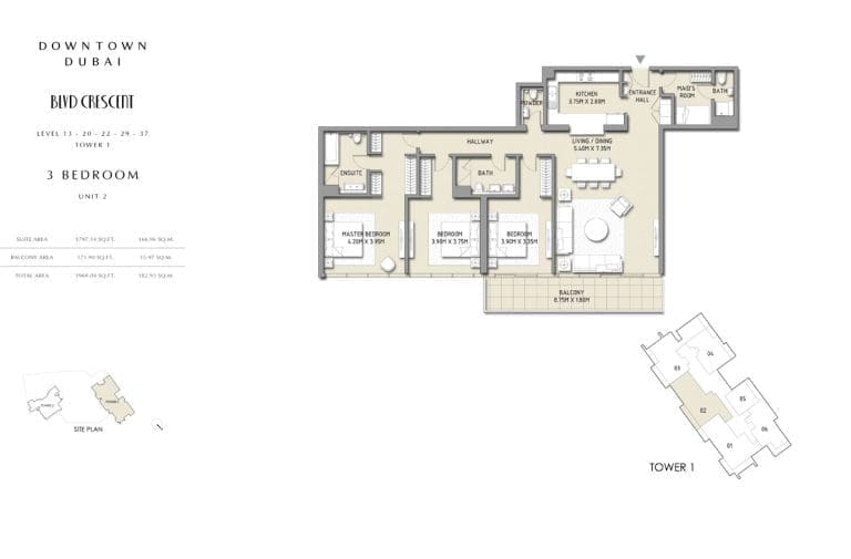 Boulevard Crescent Tower 1 – 3 Bedroom Apartment Unit 2-1 Floor Plans