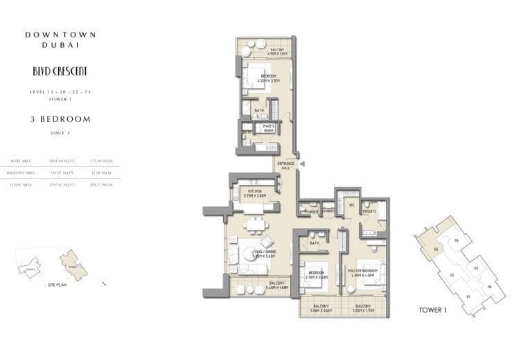 Boulevard Crescent Tower 1 – 3 Bedroom Apartment Unit 3 Floor Plans