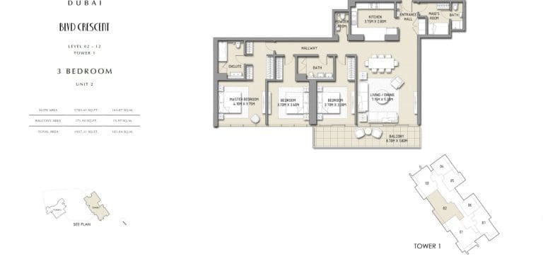 Boulevard Crescent Tower 1 – 3 Bedroom Apartment Unit 2 Floor Plans