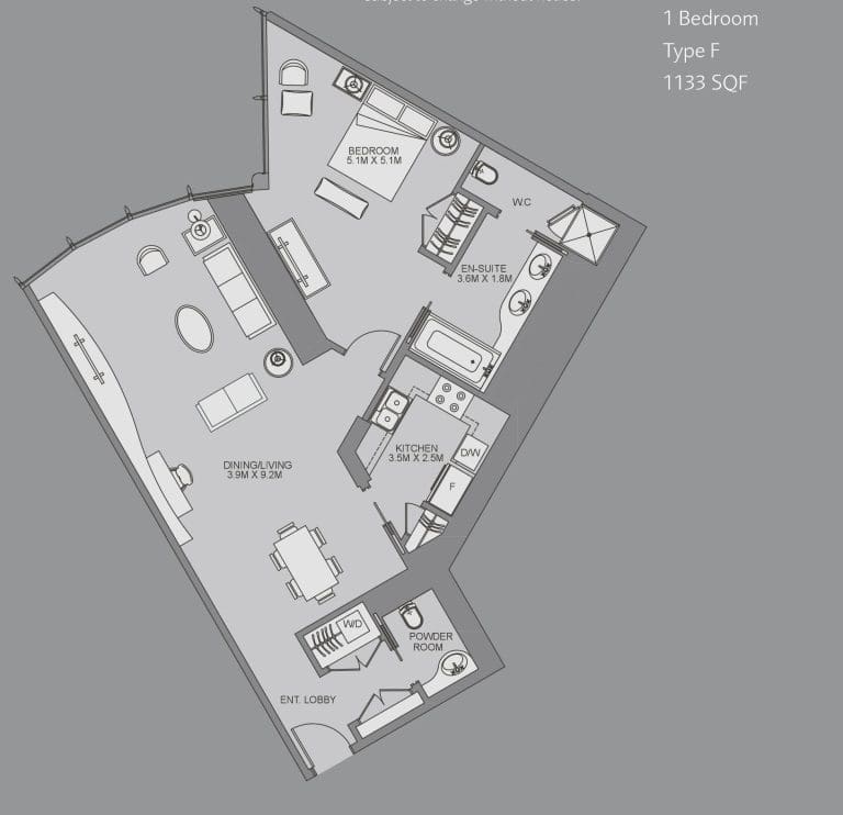 Burj Khalifa 1 Bedroom Apartment Type F Floor Plans