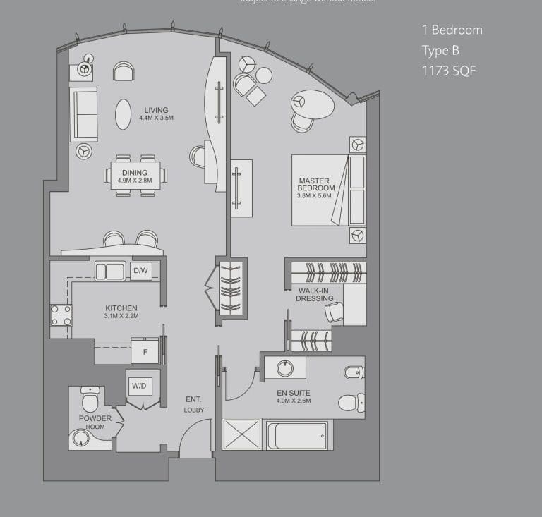 Burj Khalifa 1 Bedroom Apartment Type B-1 Floor Plans
