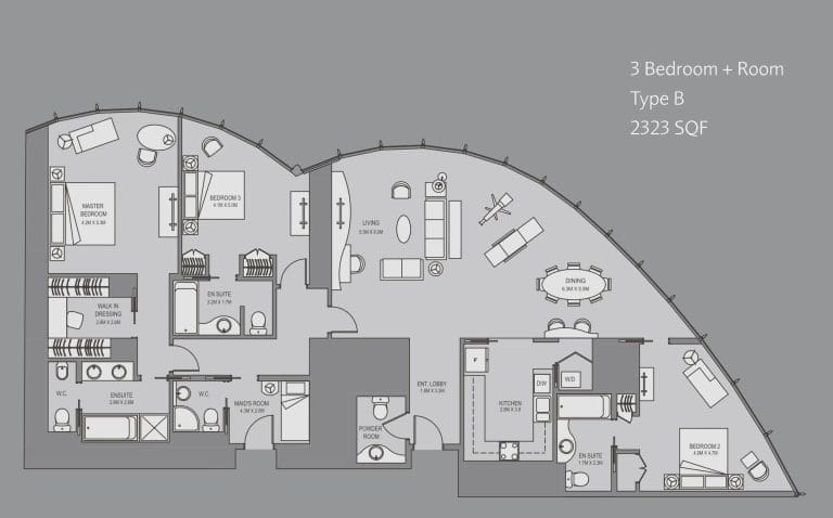 Burj Khalifa 3 Bedroom Plus Room Apartment Type B Floor Plans