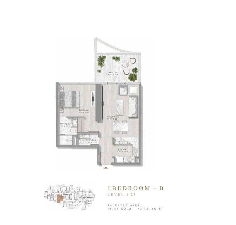 Damac Elegance Tower 1 Bedroom Apartment Type B Floor Plans