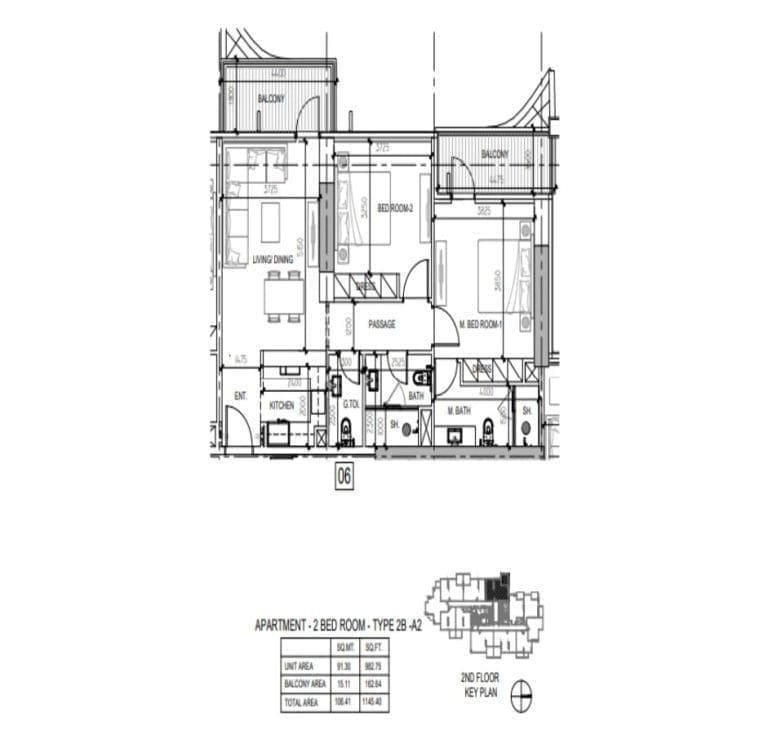 Damac Elegance Tower 2 Bedroom Apartment Type 2B-A2 Floor Plans