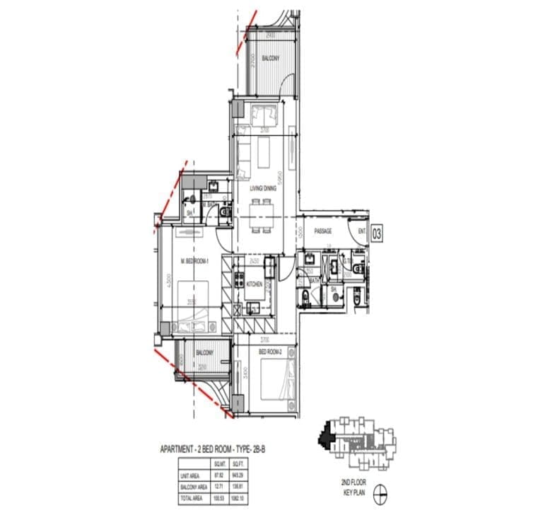 Damac Elegance Tower 2 Bedroom Apartment Type 2B-B Floor Plans
