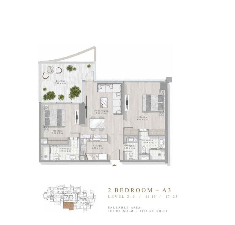 Damac Elegance Tower 2 Bedroom Apartment Type A3 Floor Plans