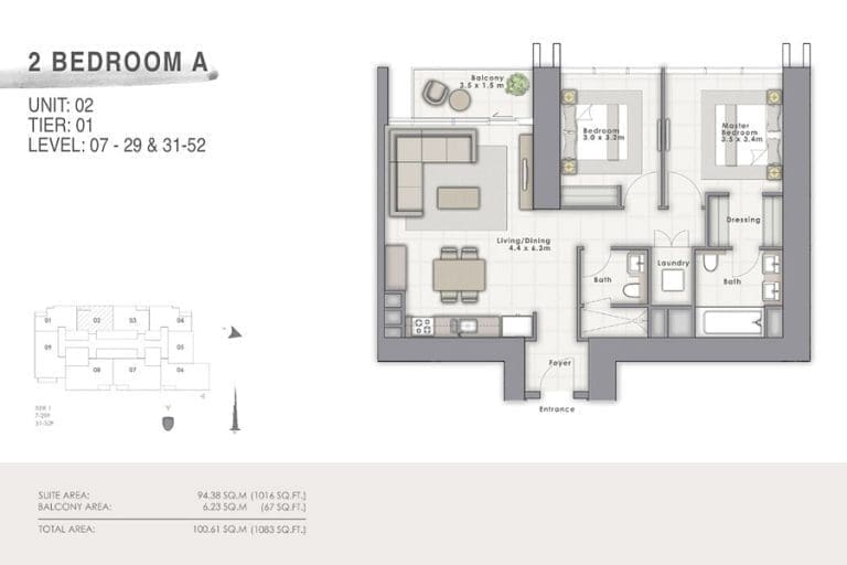 Forte Tower 1 – 2 Bedroom Apartment Type A Unit 02-1 Floor Plans