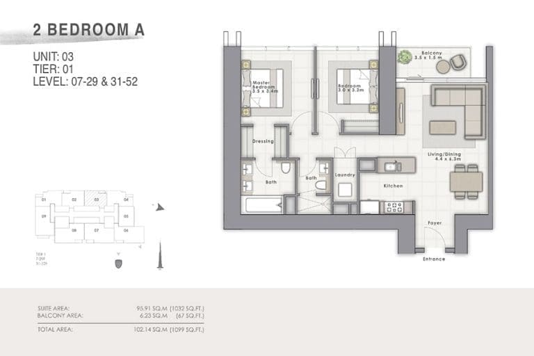 Forte Tower 1 – 2 Bedroom Apartment Type A Unit 03 Floor Plans