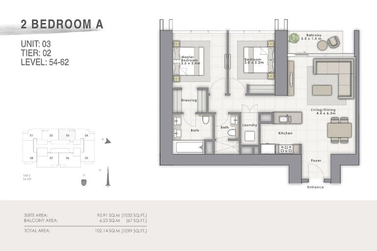 Forte Tower 1 – 2 Bedroom Apartment Type A Unit 03-1 Floor Plans