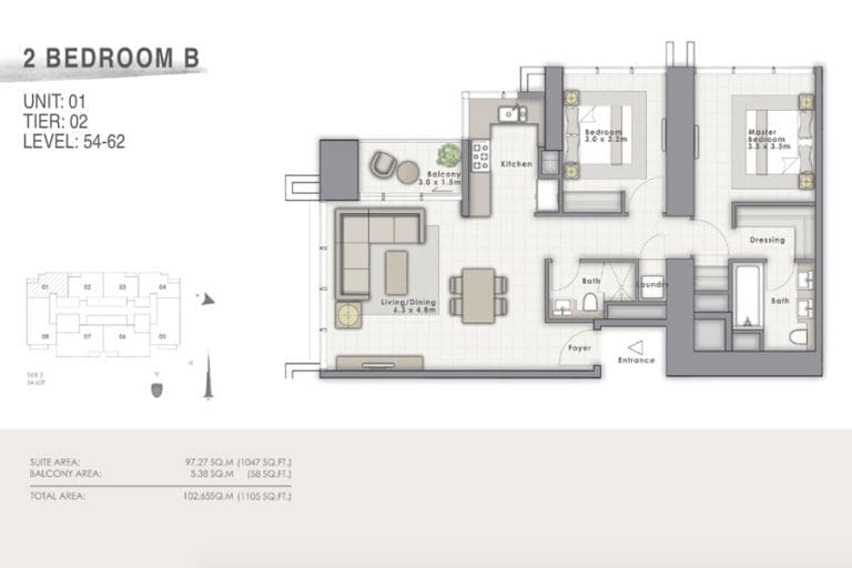Forte Tower 1 – 2 Bedroom Apartment Type B Unit 01 Floor Plans