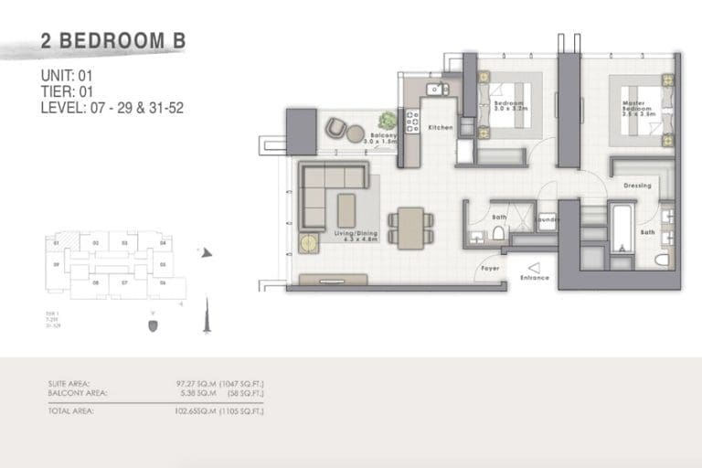 Forte Tower 1 – 2 Bedroom Apartment Type B Unit 01-1 Floor Plans