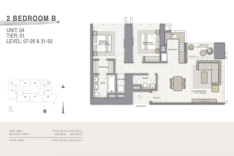Forte Tower 1 – 2 Bedroom Apartment Type B Unit 04-1 Floor Plans