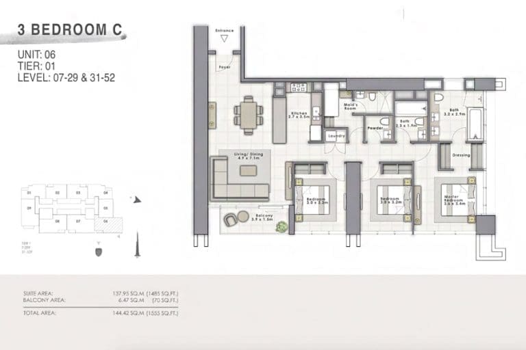 Forte Tower 1 – 3 Bedroom Apartment Type C Unit 06 Floor Plans