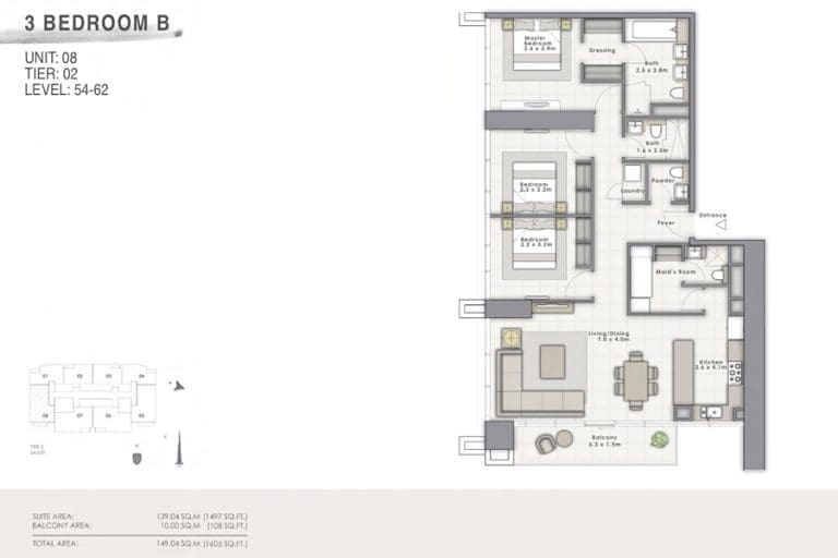 Forte Tower 1 – 3 Bedroom Apartment Type B Unit 08 Floor Plans