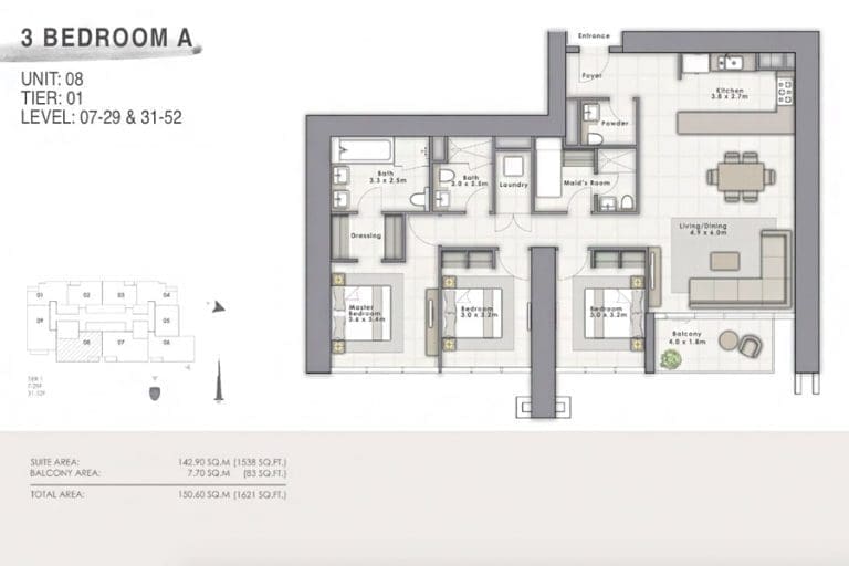 Forte Tower 1 – 3 Bedroom Apartment Type A Unit 08 Floor Plans