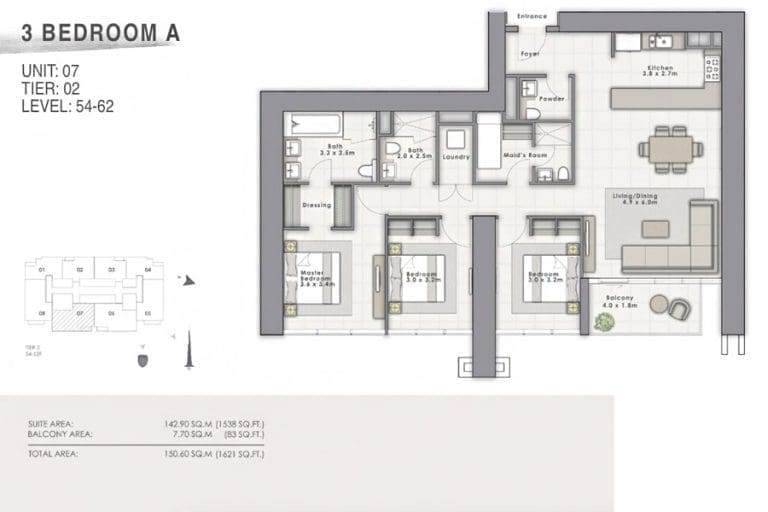 Forte Tower 1 – 3 Bedroom Apartment Type A Unit 07 Floor Plans