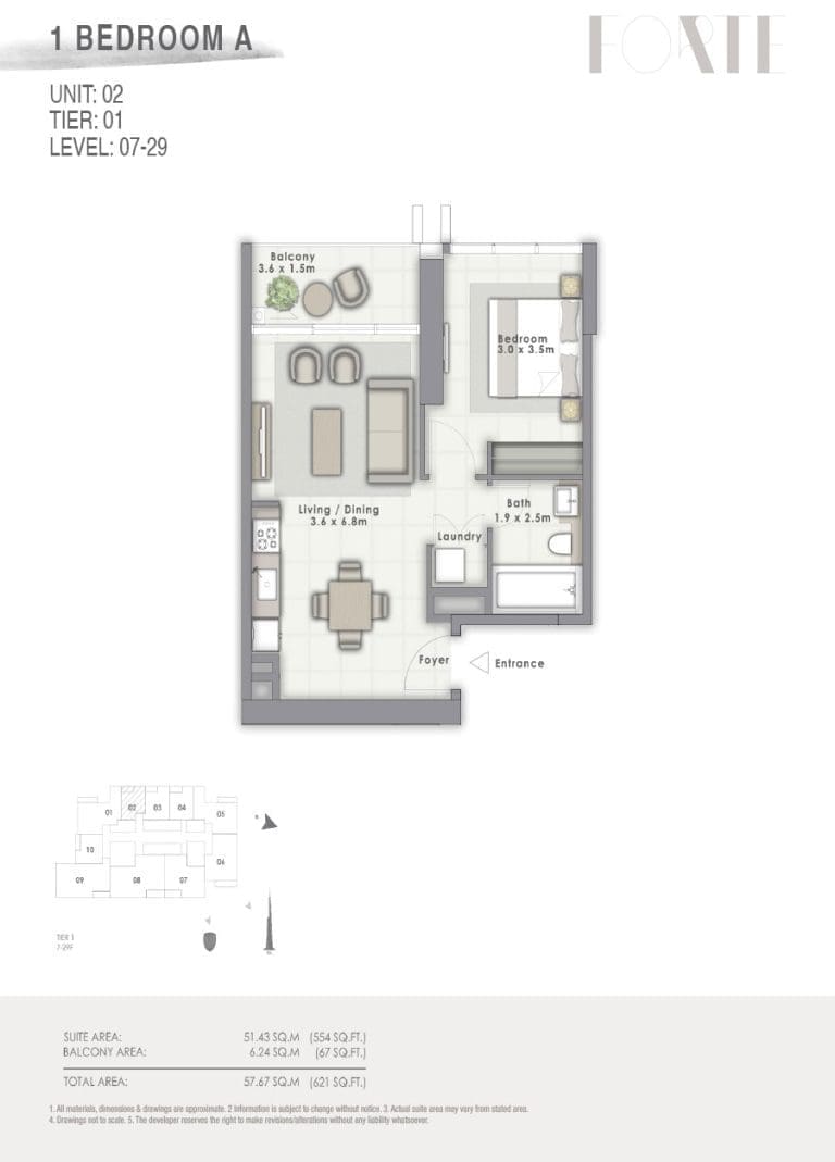 Forte Tower 2 – 1 Bedroom Apartment Type A Unit 02 Floor Plans