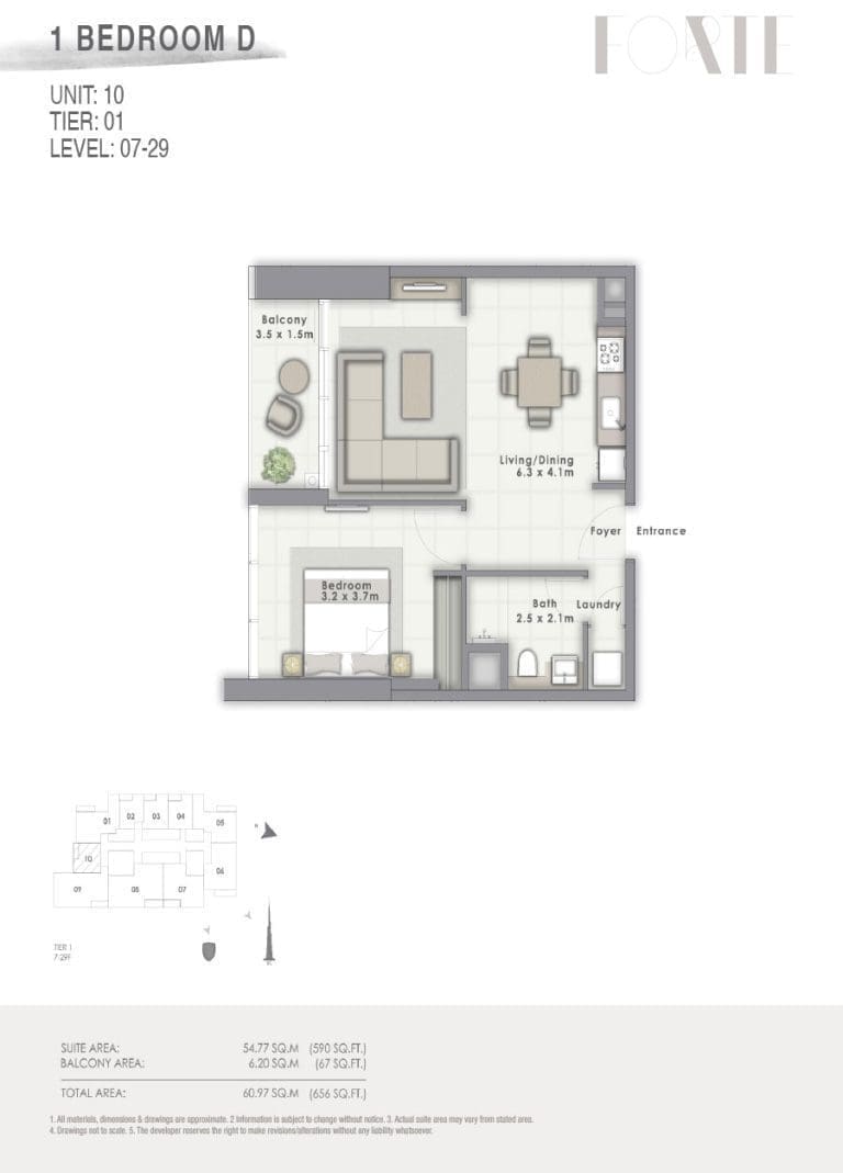 Forte Tower 2 – 1 Bedroom Apartment Type D Unit 10 Floor Plans