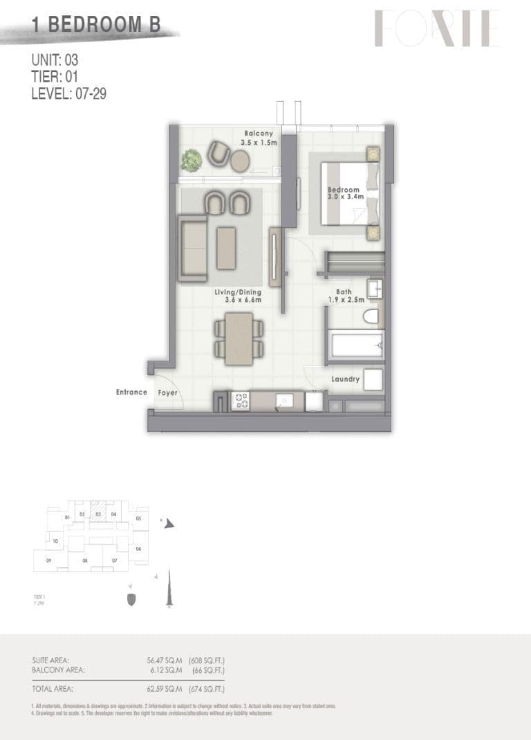 Forte Tower 2 – 1 Bedroom Apartment Type B Unit 03 Floor Plans