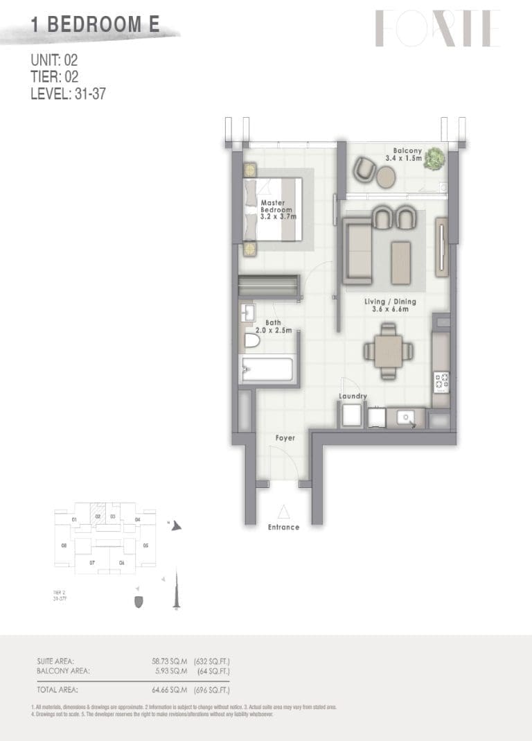 Forte Tower 2 – 1 Bedroom Apartment Type E Unit 02 Floor Plans