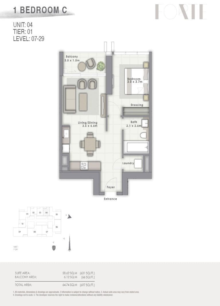 Forte Tower 2 – 1 Bedroom Apartment Type C Unit 04 Floor Plans