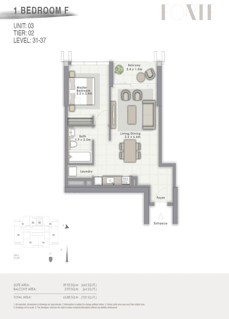 Forte Tower 2 – 1 Bedroom Apartment Type F Unit 03 Floor Plans