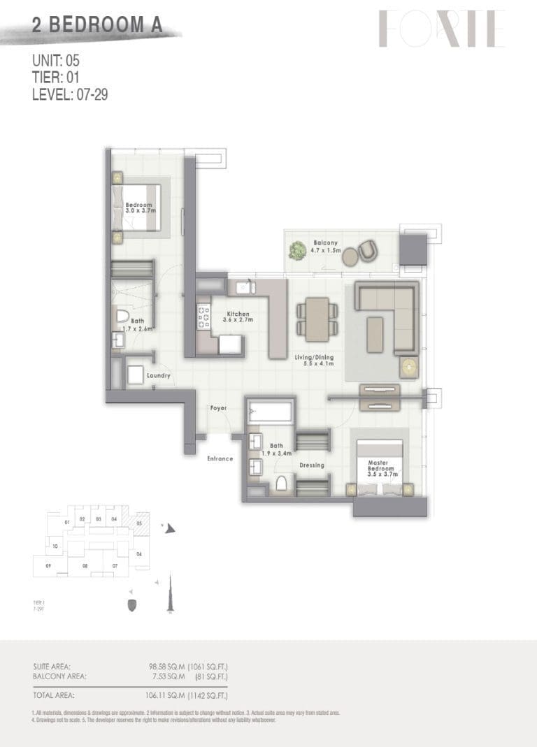 Forte Tower 2 – 2 Bedroom Apartment Type A Unit 5 Floor Plans