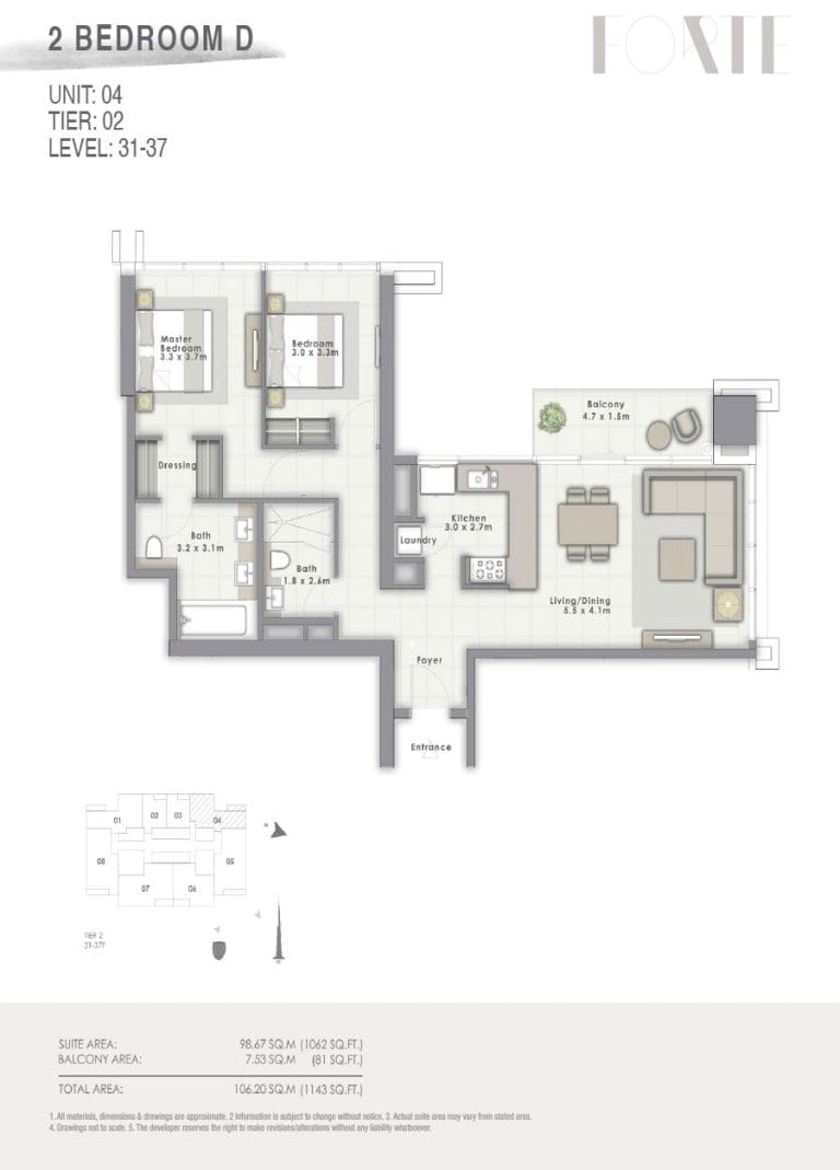Forte Tower 2 – 2 Bedroom Apartment Type D Unit 04 Floor Plans