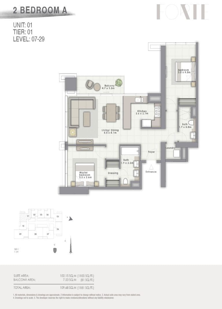 Forte Tower 2 – 2 Bedroom Apartment Type A Unit 01 Floor Plans