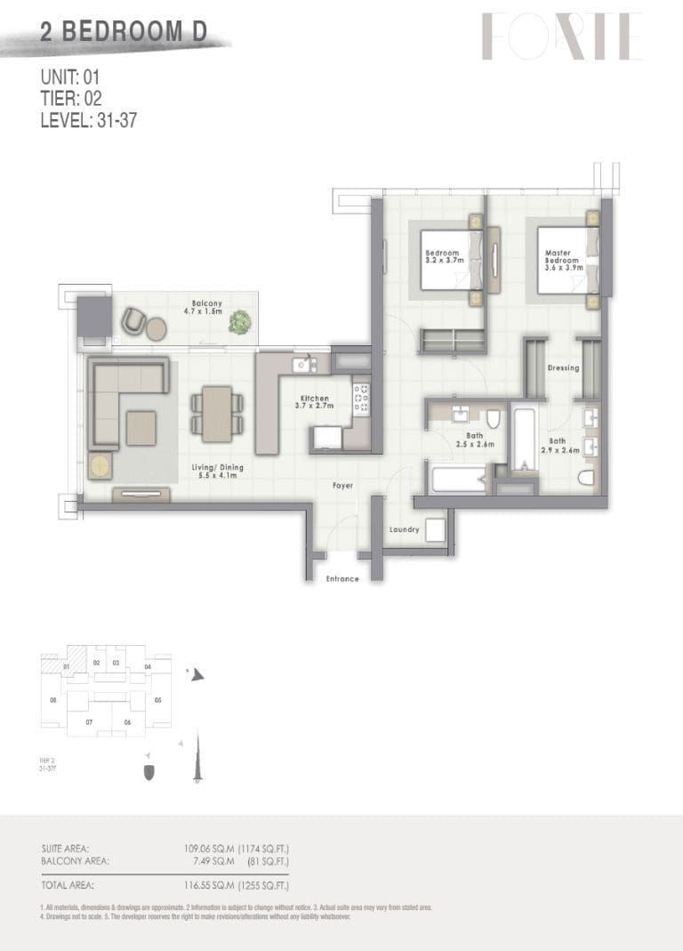 Forte Tower 2 – 2 Bedroom Apartment Type D Unit 01 Floor Plans