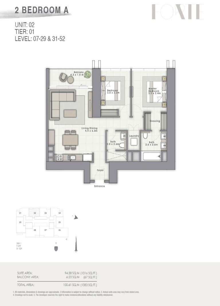 Forte Tower 2 – 2 Bedroom Apartment Type A Unit 02 Floor Plans