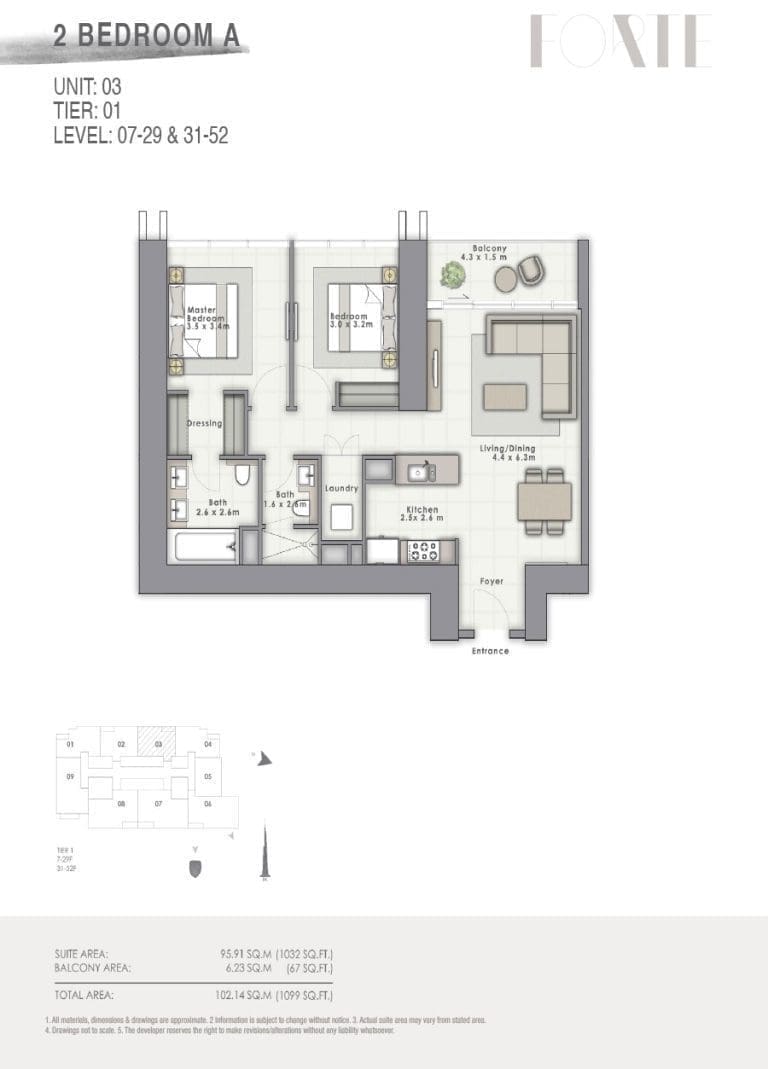 Forte Tower 2 – 2 Bedroom Apartment Type A Unit 3 Floor Plans