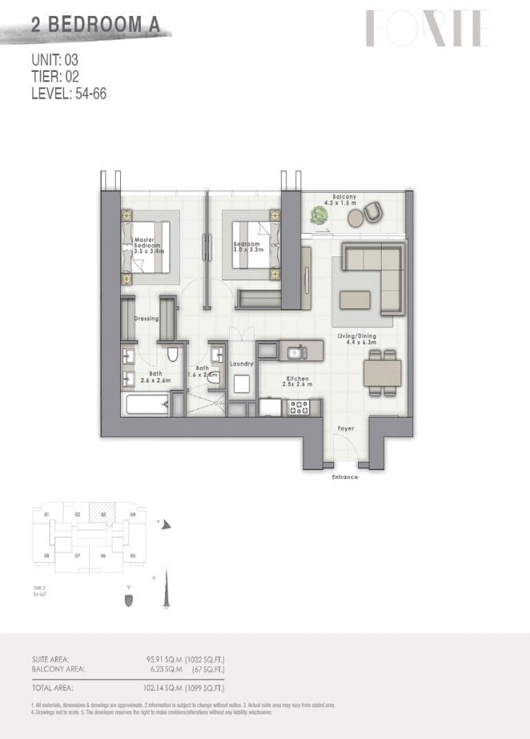 Forte Tower 2 – 2 Bedroom Apartment Type A Unit 3-1 Floor Plans