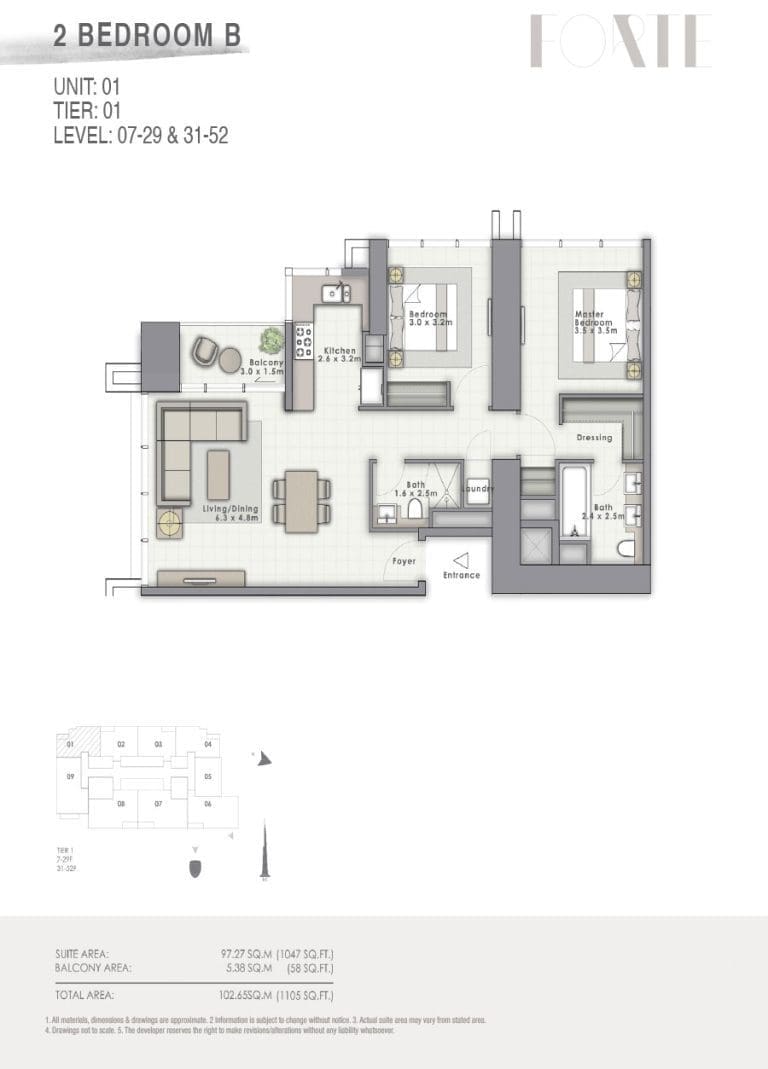 Forte Tower 2 – 2 Bedroom Apartment Type B Unit 01 Floor Plans