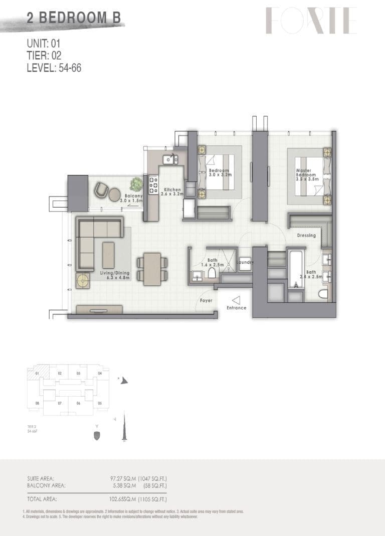 Forte Tower 2 – 2 Bedroom Apartment Type B Unit 01-1 Floor Plans