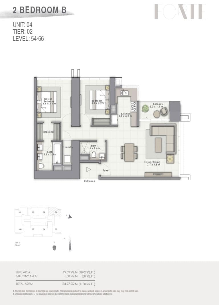 Forte Tower 2 – 2 Bedroom Apartment Type B Unit 04-1 Floor Plans