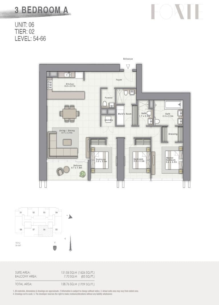 Forte Tower 2 – 2 Bedroom Apartment Type A Unit 6 Floor Plans