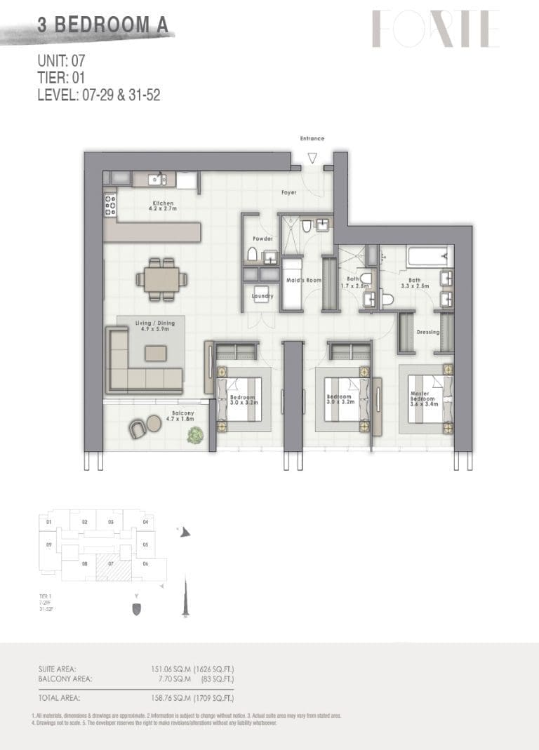 Forte Tower 2 – 3 Bedroom Apartment Type A Unit 07-1 Floor Plans