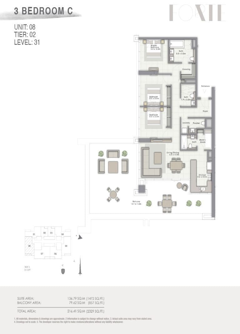 Forte Tower 2 – 3 Bedroom Apartment Type C Unit 08 Floor Plans