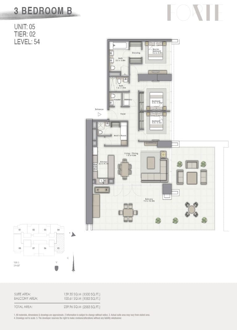 Forte Tower 2 – 3 Bedroom Apartment Type B Unit 05-1 Floor Plans