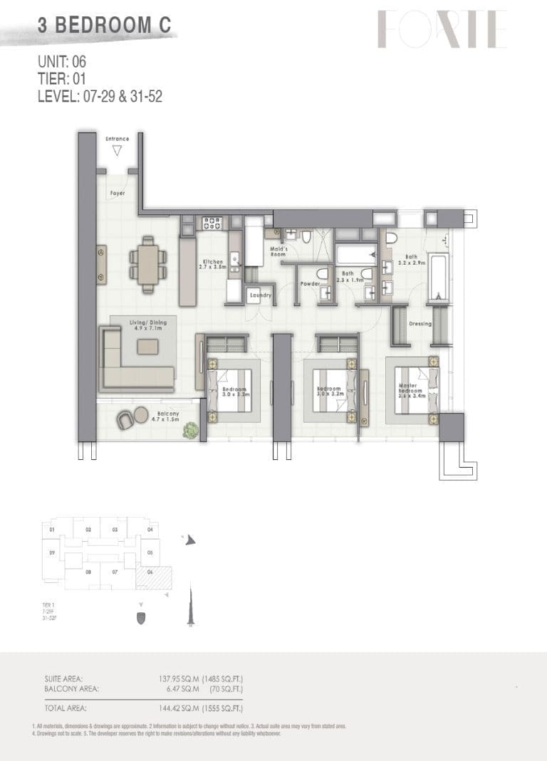 Forte Tower 2 – 3 Bedroom Apartment Type C Unit 06 Floor Plans