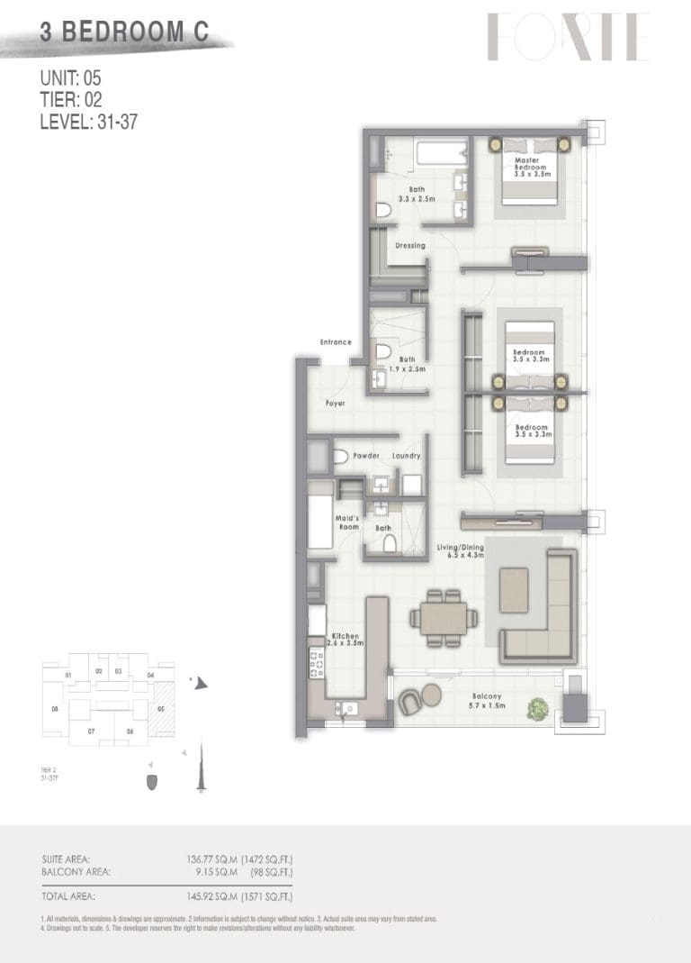Forte Tower 2 – 3 Bedroom Apartment Type C Unit 05 Floor Plans
