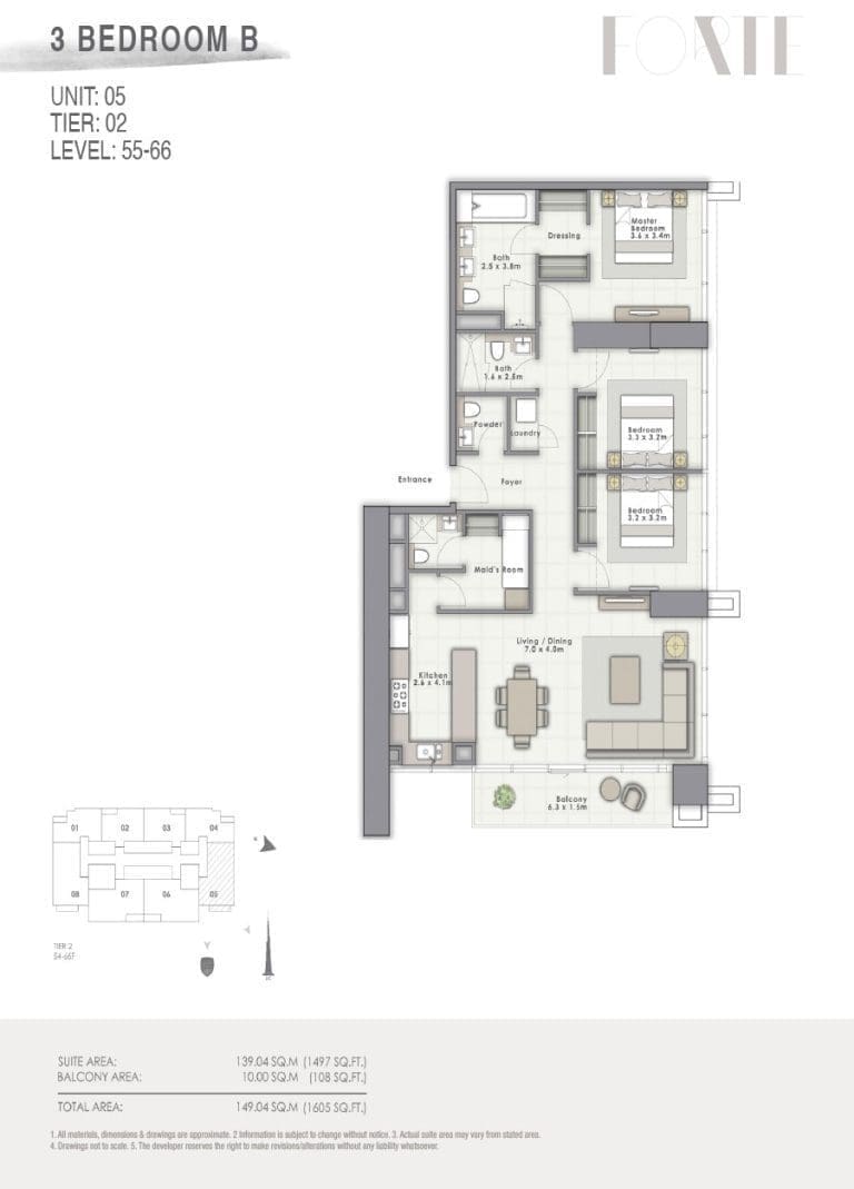 Forte Tower 2 – 3 Bedroom Apartment Type B Unit 05 Floor Plans