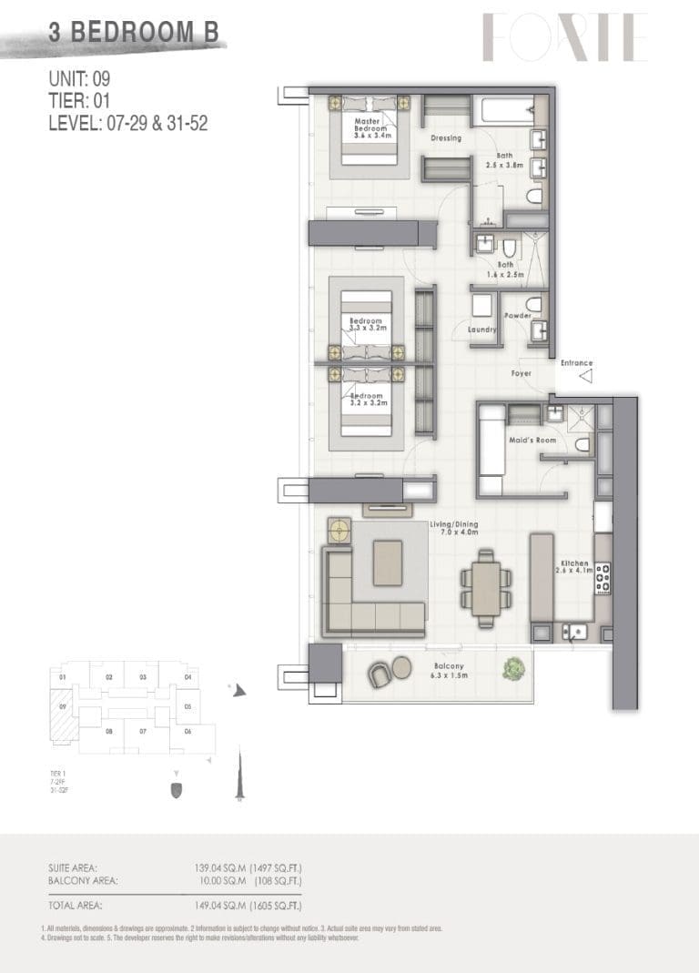 Forte Tower 2 – 3 Bedroom Apartment Type B Unit 09-1 Floor Plans