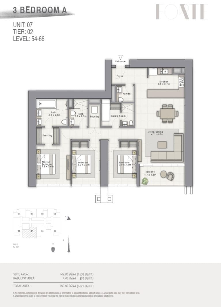 Forte Tower 2 – 3 Bedroom Apartment Type A Unit 07 Floor Plans
