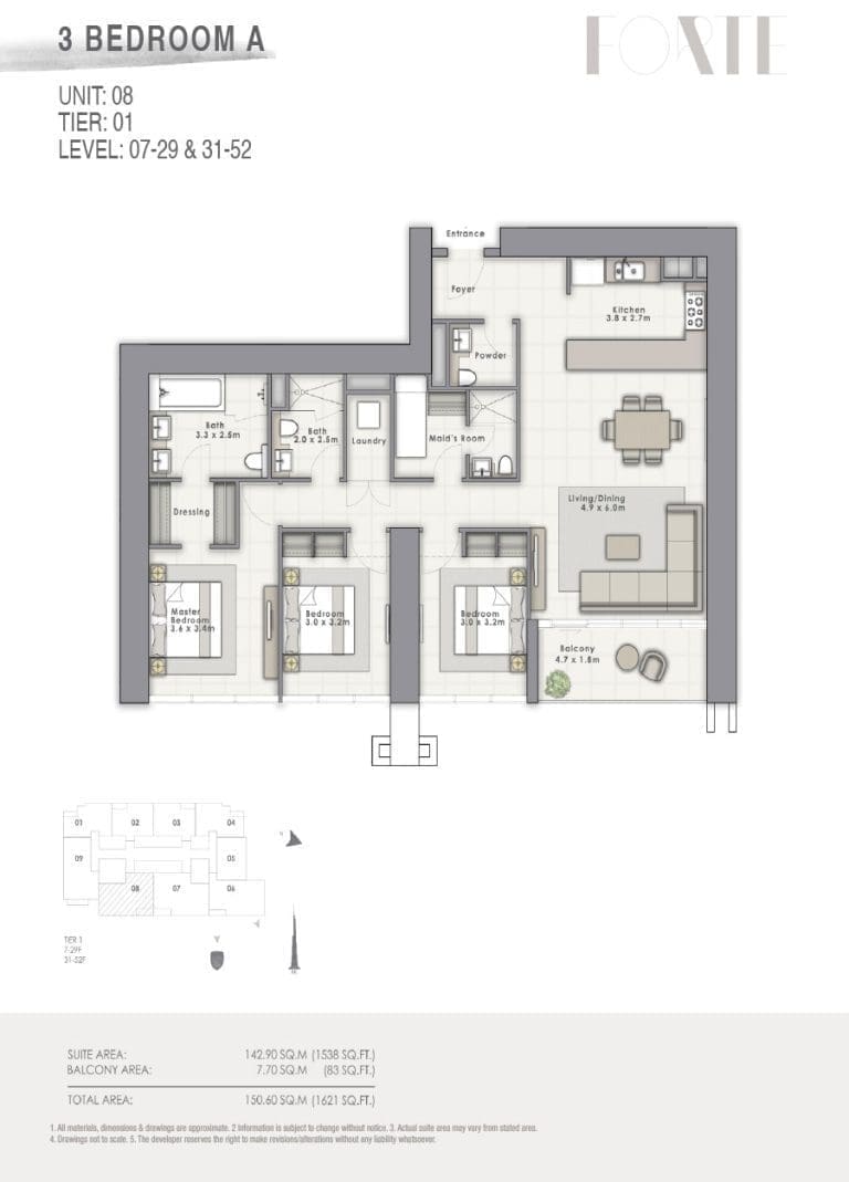 Forte Tower 2 – 3 Bedroom Apartment Type A Unit 08 Floor Plans